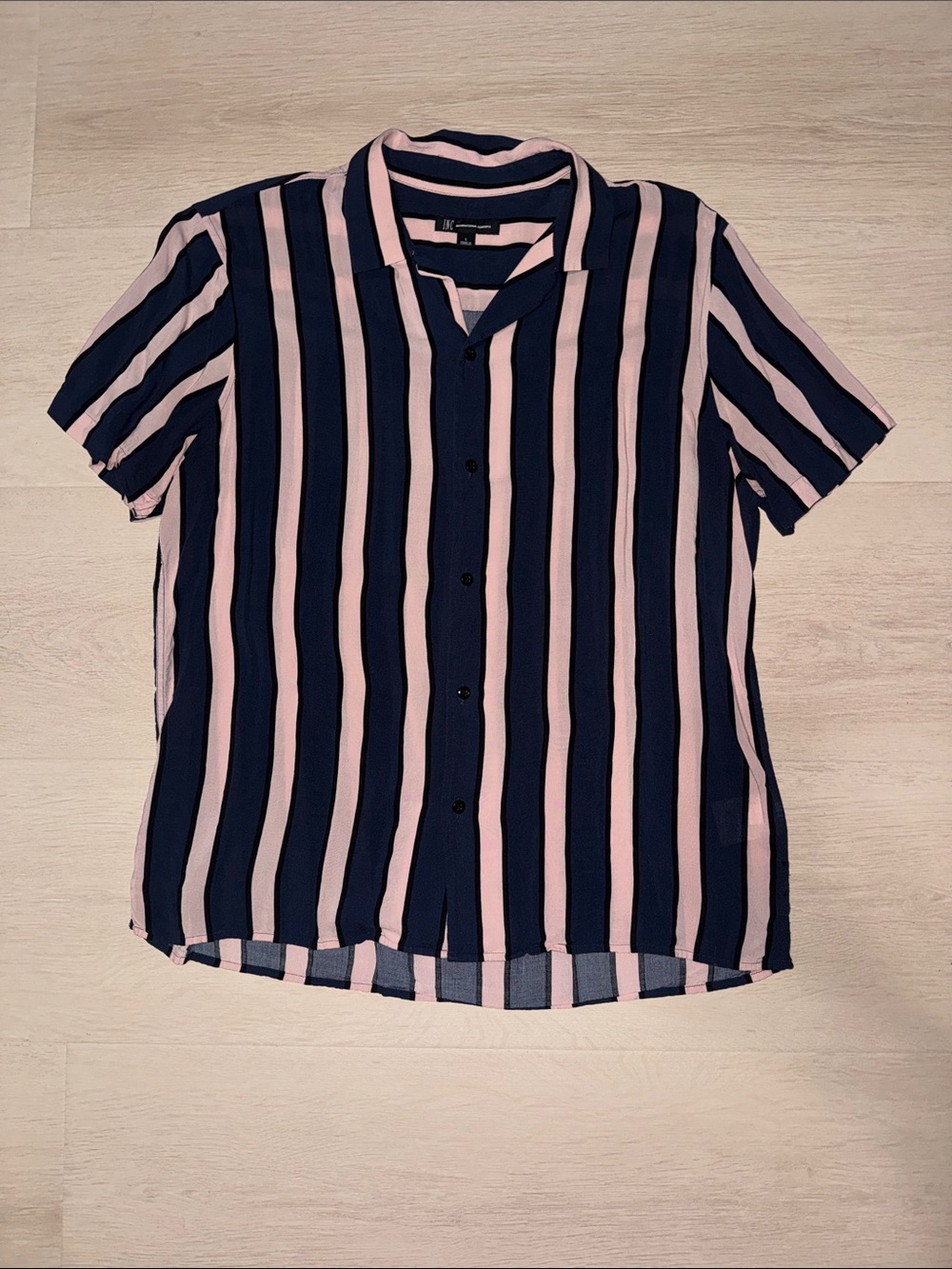 INC Striped Short Sleeve Button-Up Shirt in Navy and Light Pink